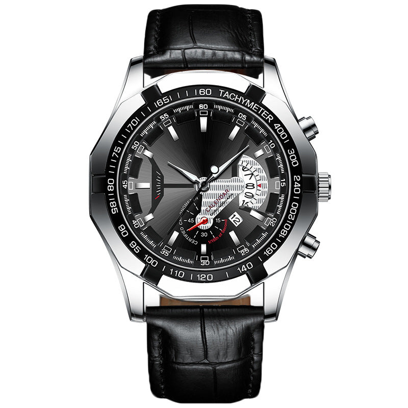 Silver Black-Leather Strap